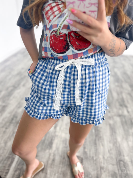 Blue & White Gingham Ruffle Shorts