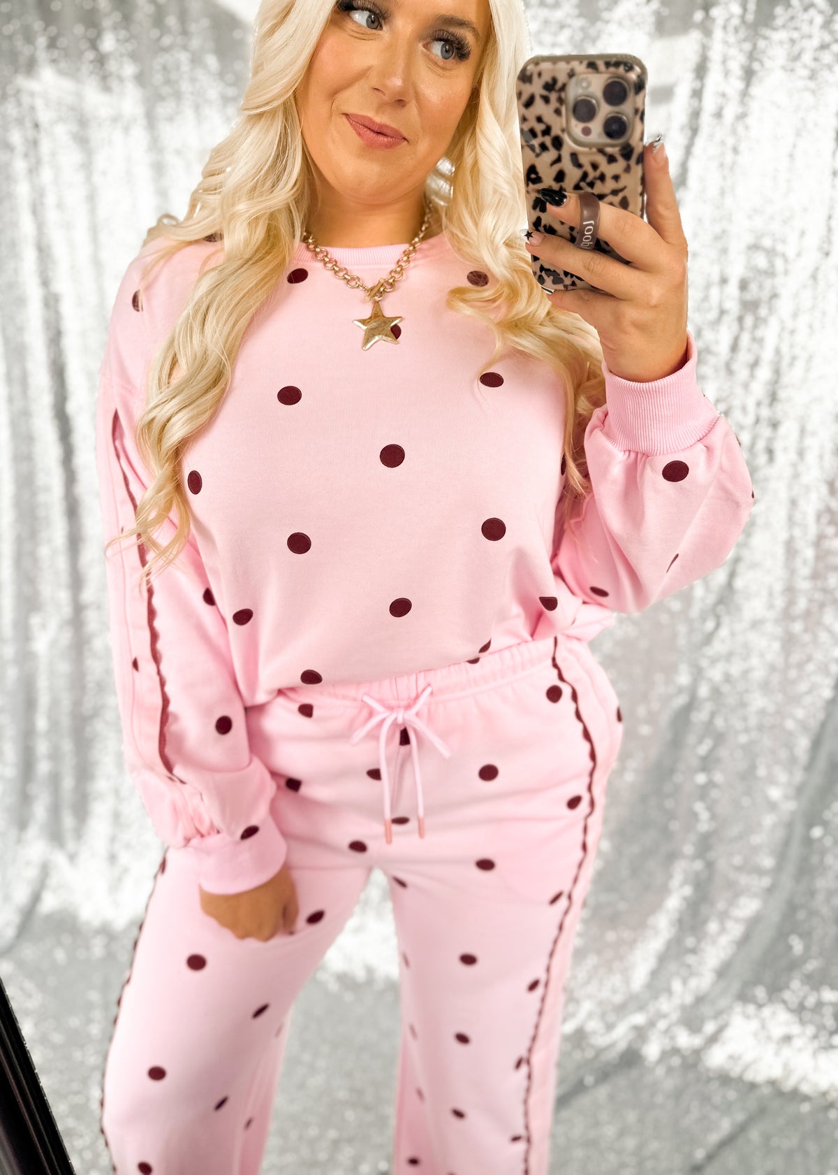 Pink & Brown Lace Polka Dot Sweatpant Set