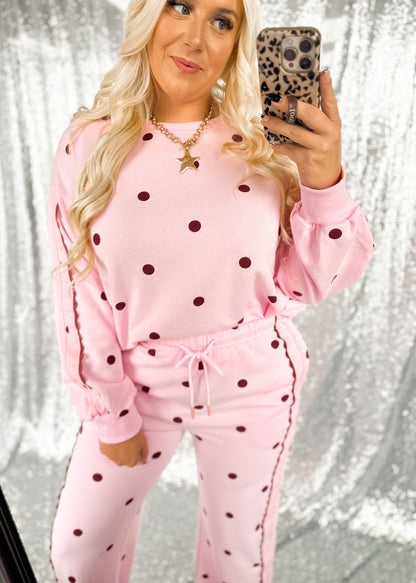 Pink & Brown Lace Polka Dot Sweatpant Set