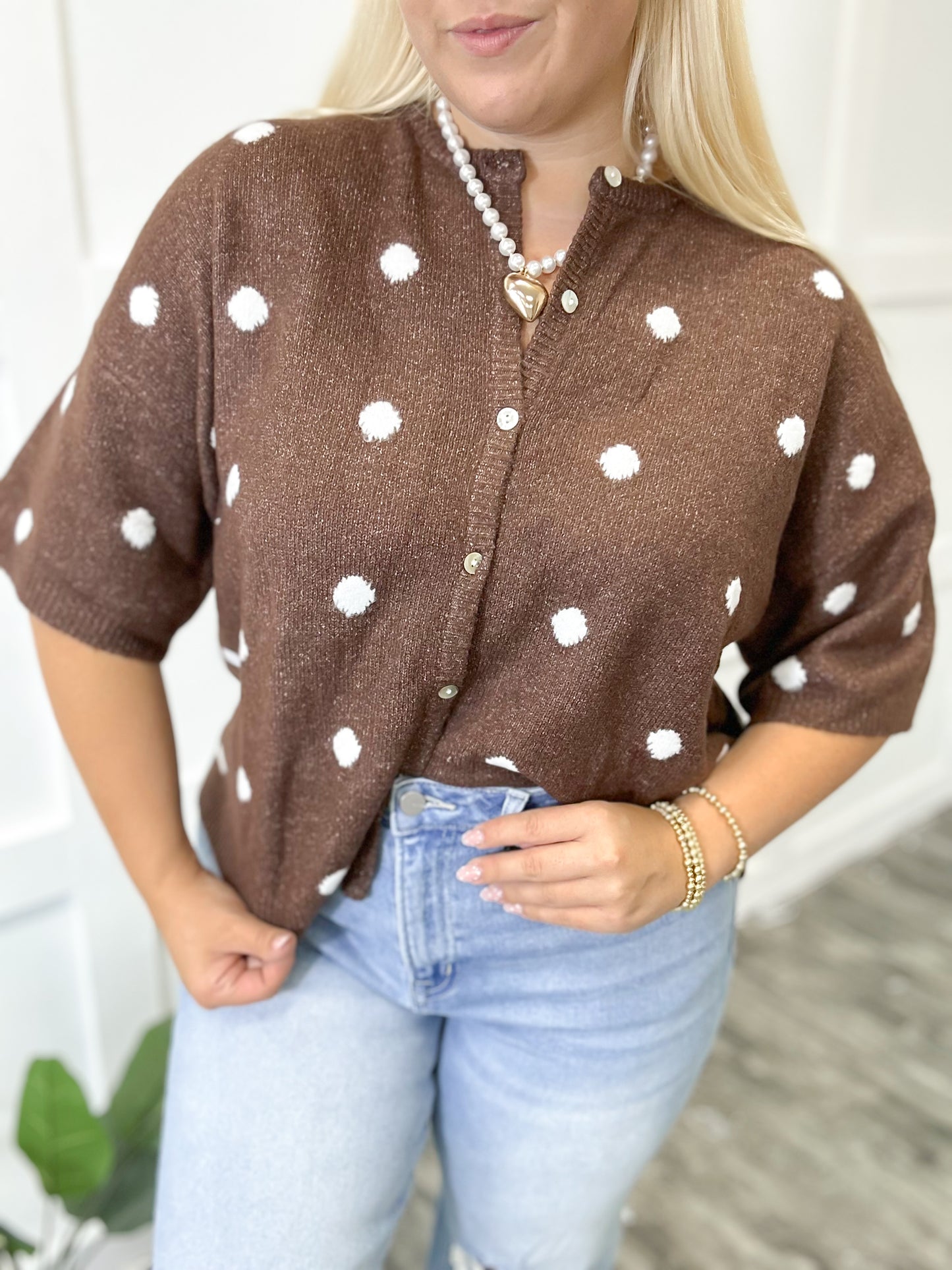 Mocha Polka Dot Knit Button Top