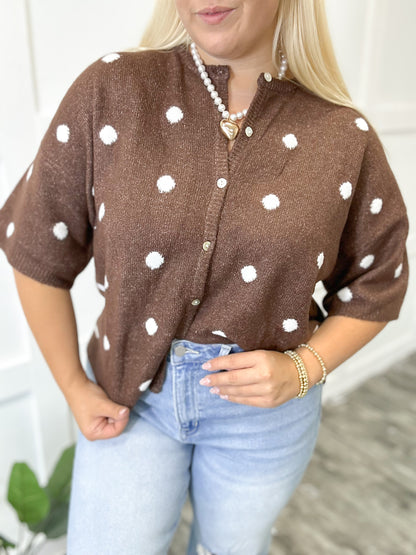 Mocha Polka Dot Knit Button Top