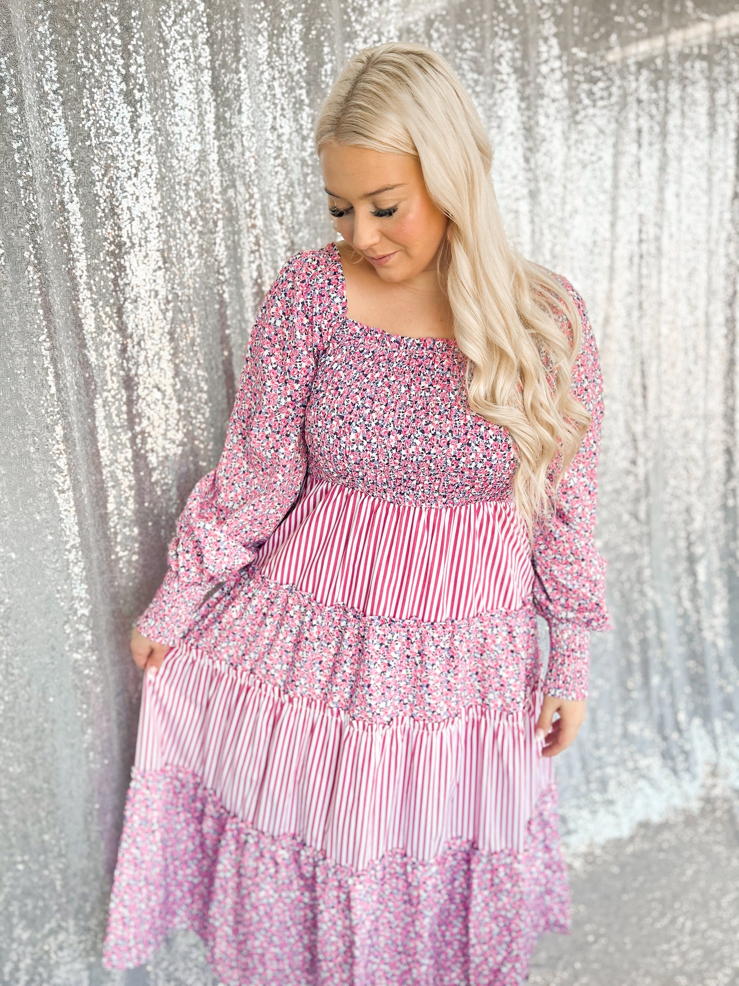 Floral Pin Striped Maxi Dress