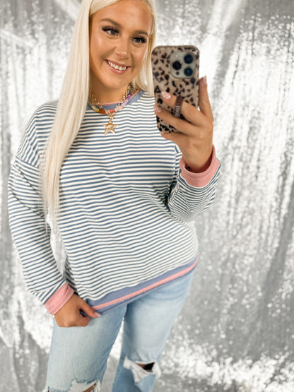 Blue & Pink Raw Hem Striped Color Block Crewneck