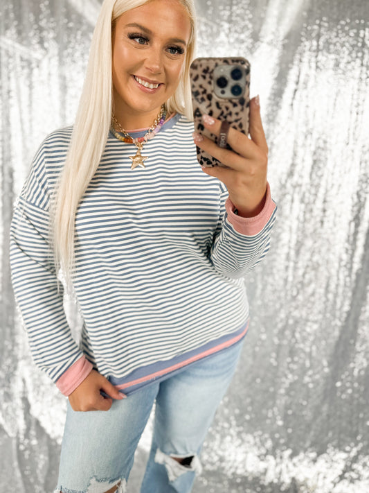 Blue & Pink Raw Hem Striped Color Block Crewneck