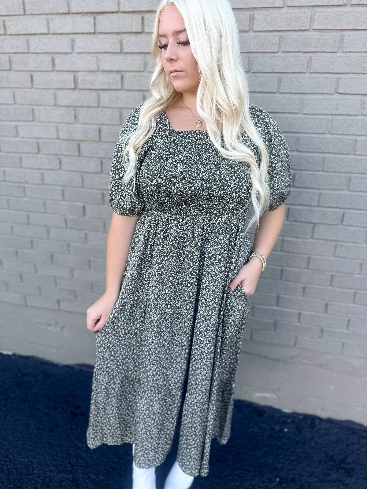 Olive Bloom Ditzy Floral Smocked Maxi
