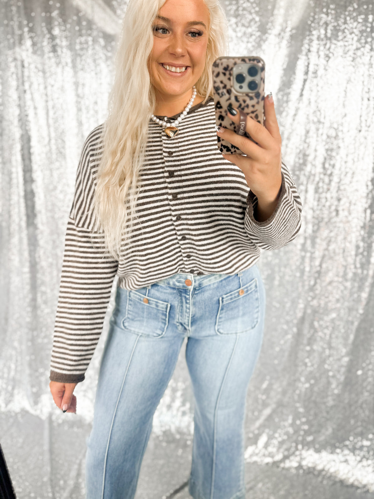 Brown Striped Raw Hem Button Cardigan