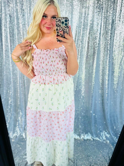 Rose Bloom Gingham Patchwork Maxi Dress