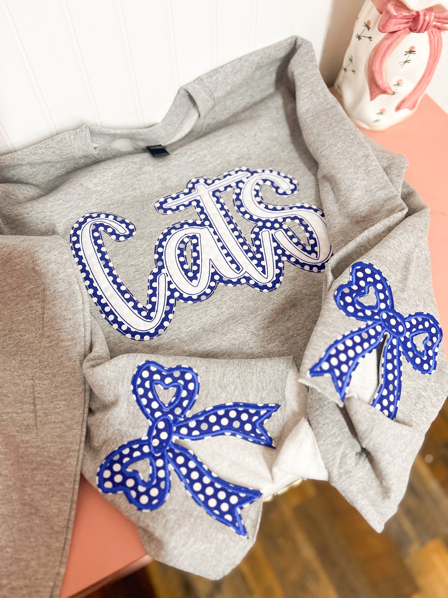 Cats Polka Dot Embroidered Side Bow Crewneck
