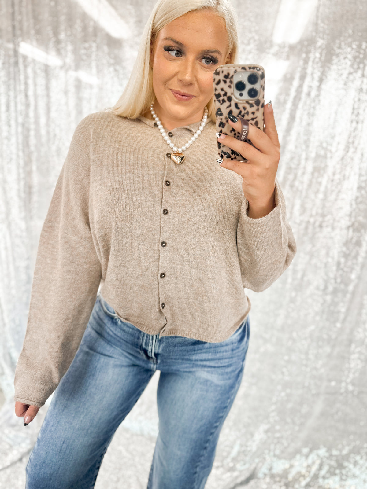 Taupe Raw Hem Button Cardigan