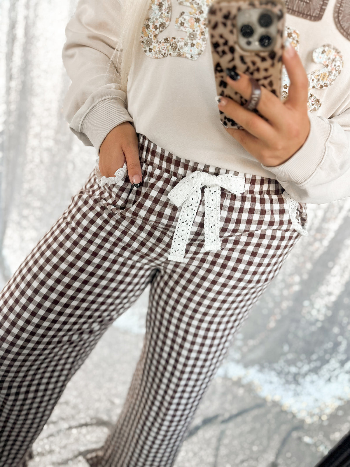 Brown Gingham Lace Ruffle Pants
