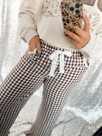 Brown Gingham Lace Ruffle Pants