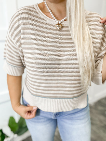 Taupe & Baby Blue Knit Striped Top