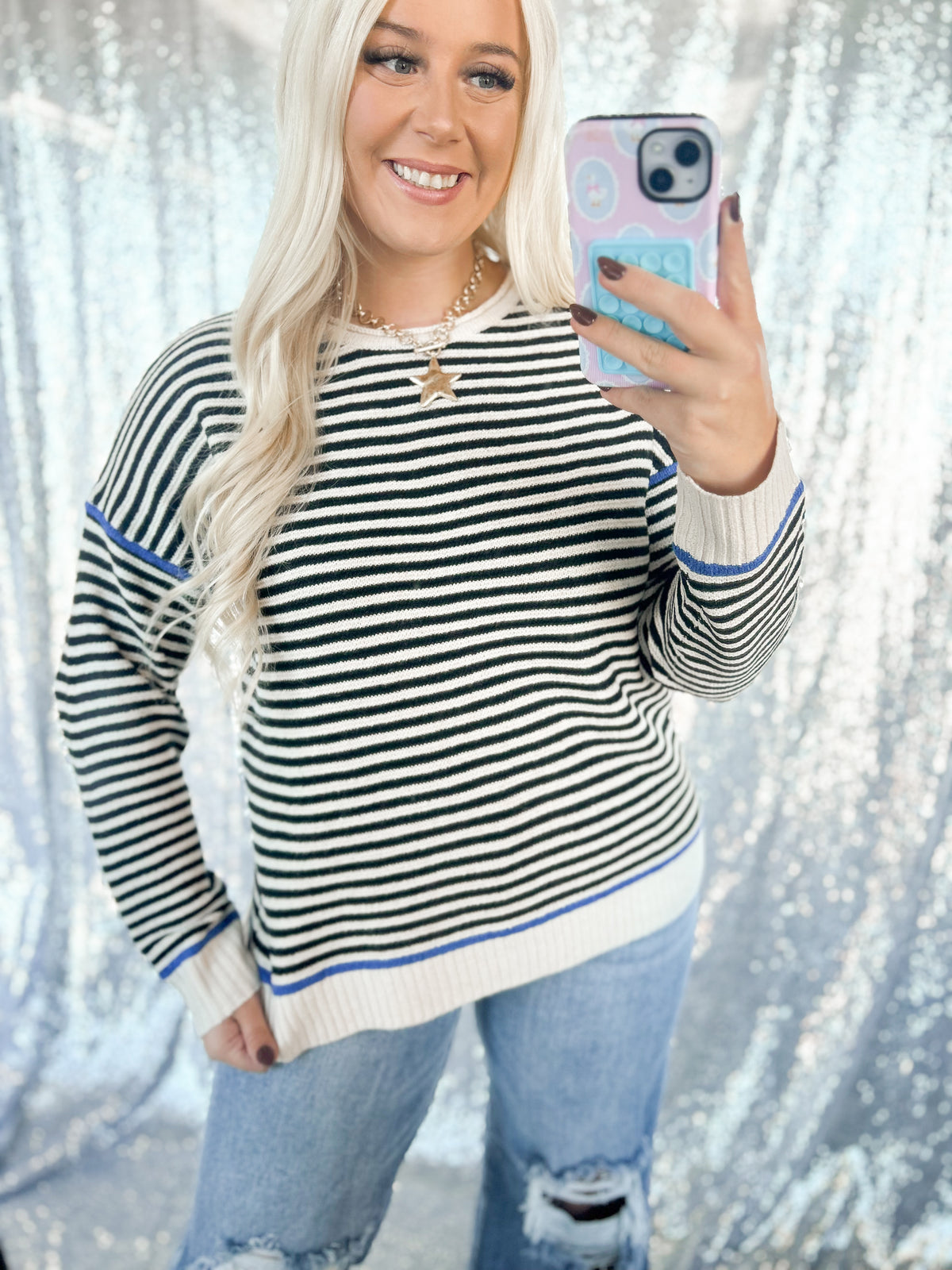 Black & Blue Contrast Striped Knit Top