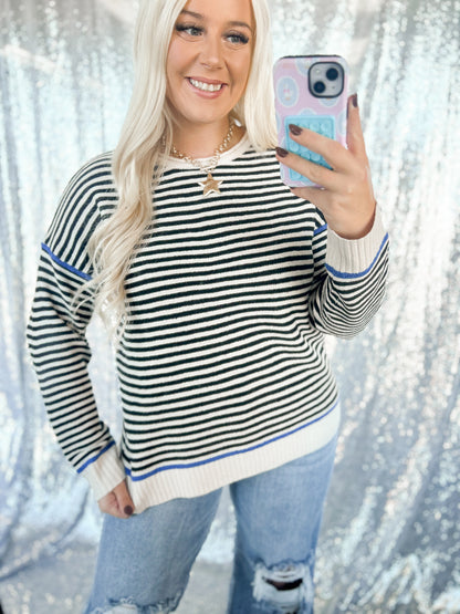 Black & Blue Contrast Striped Knit Top