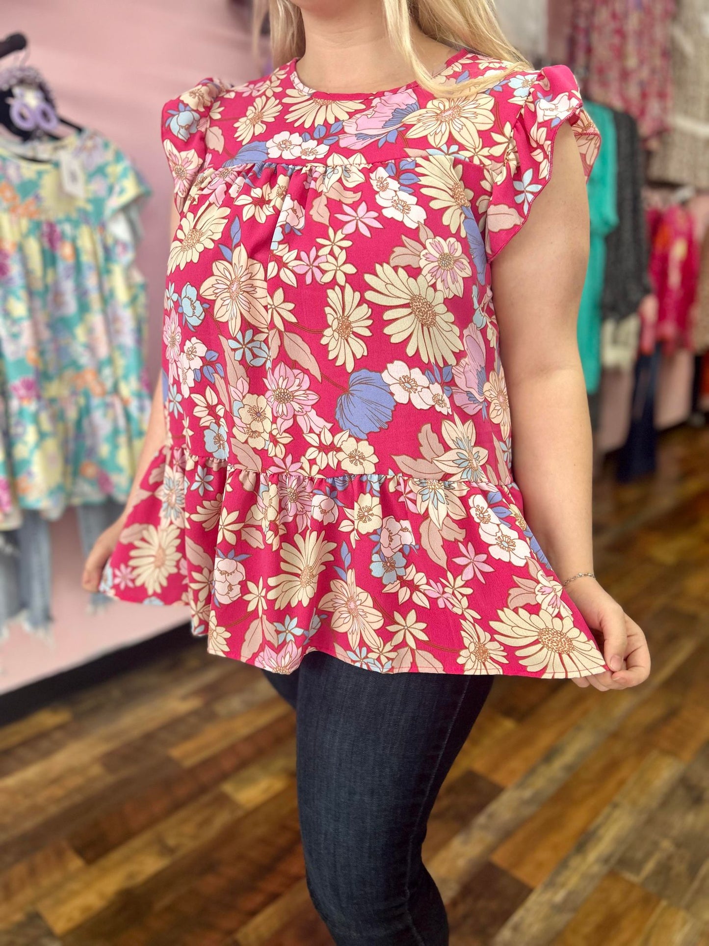 Pink Floral Flutter Sleeve top