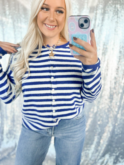 Royal Blue Striped Knit Cardigan