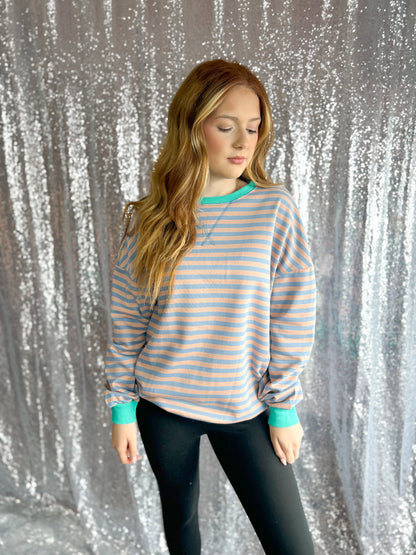 Blue & Terracotta Striped Crewneck