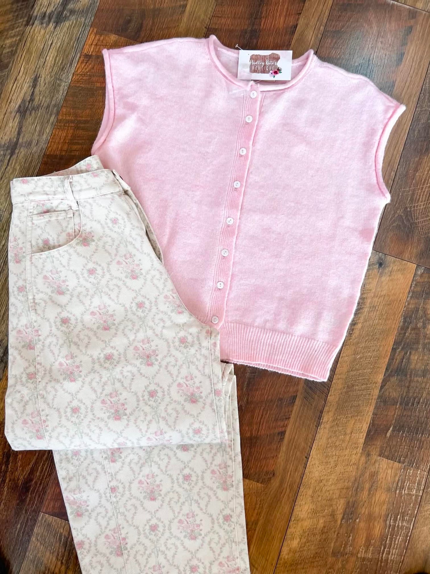 Pink Raw Hem Button Knit Top