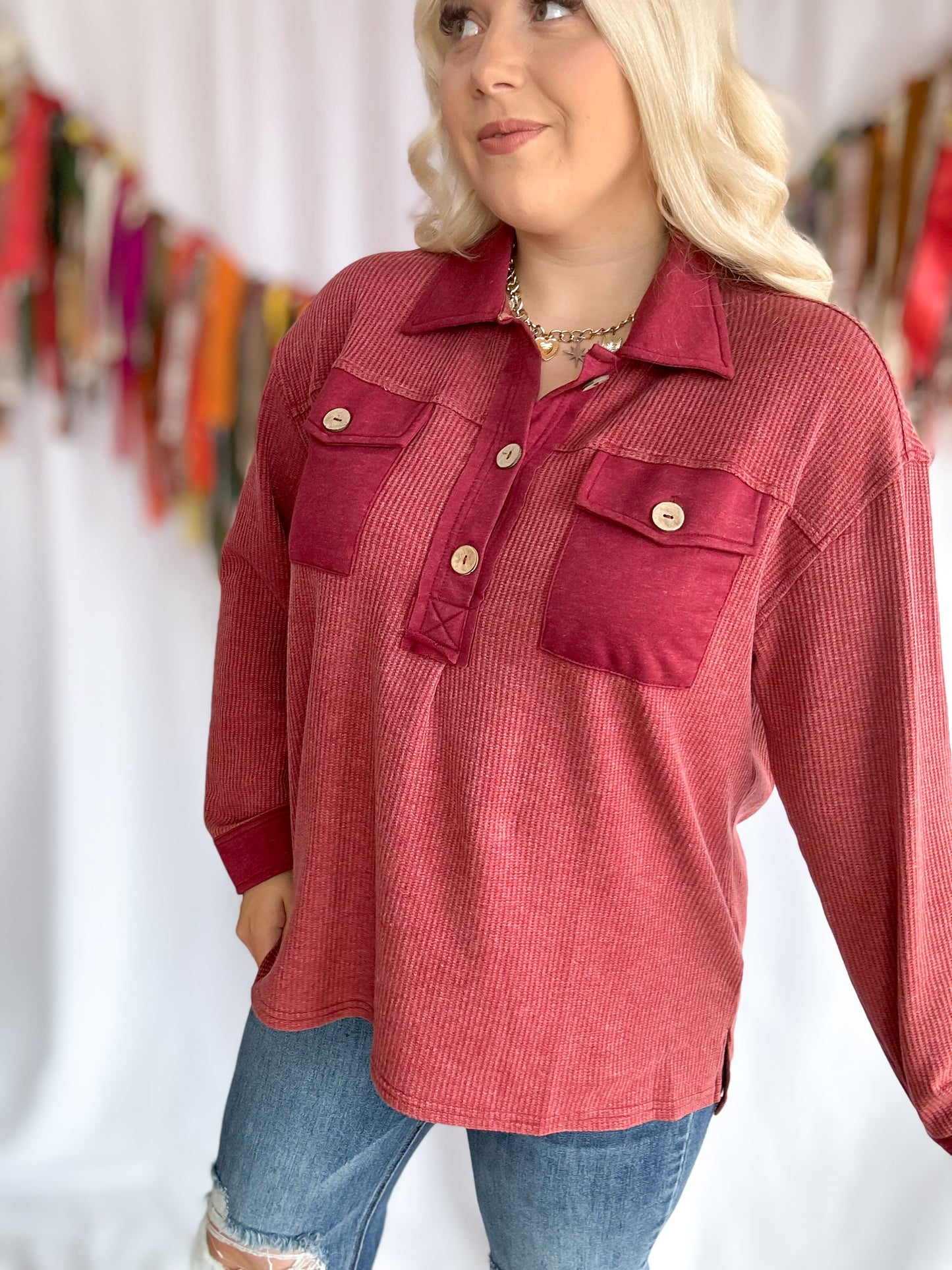 Burgundy Waffle Washed Top