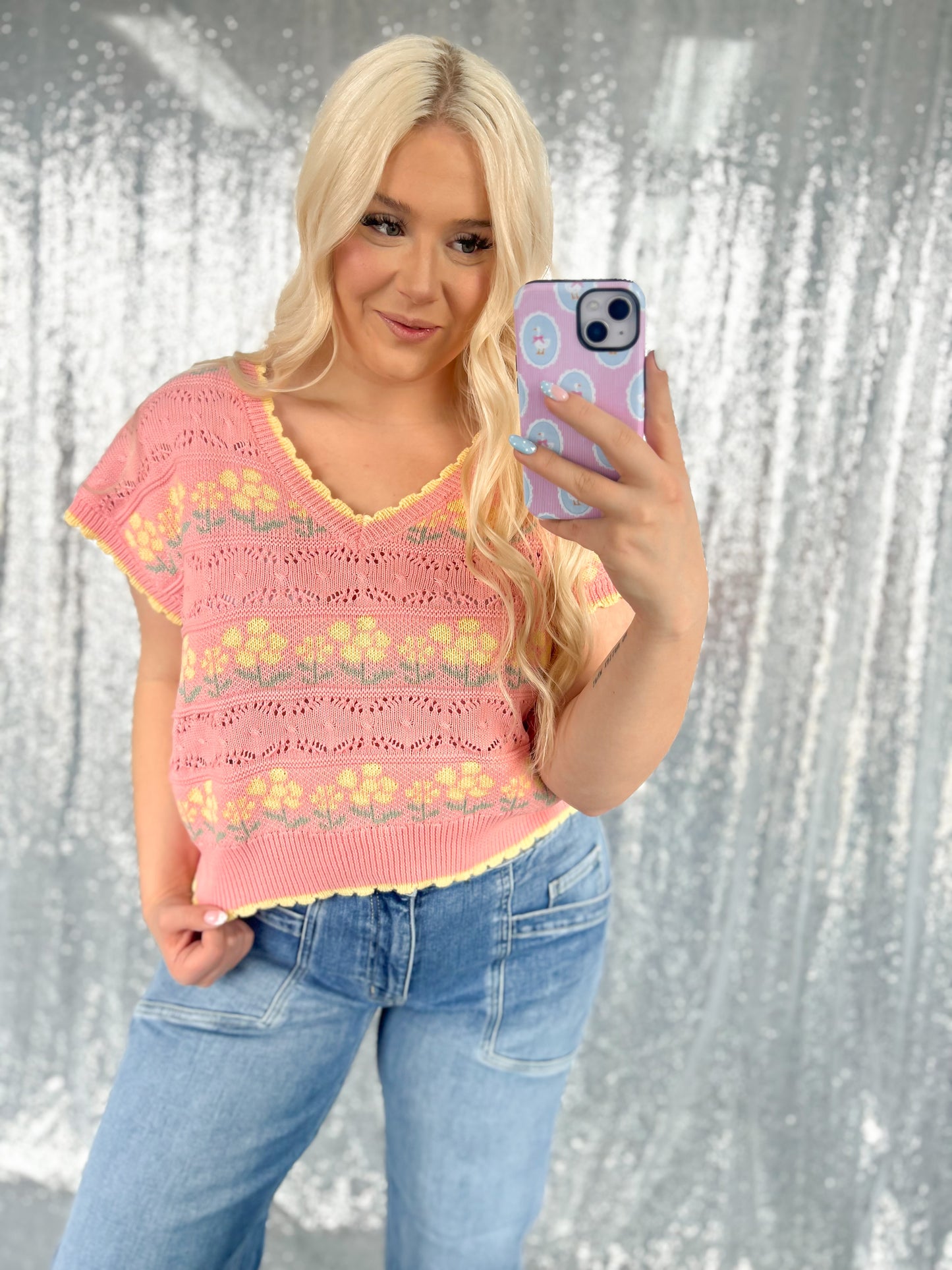 Pink & Yellow Knit Floral Vest Top