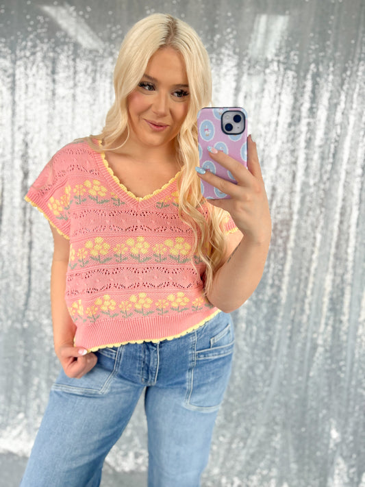 Pink & Yellow Knit Floral Vest Top