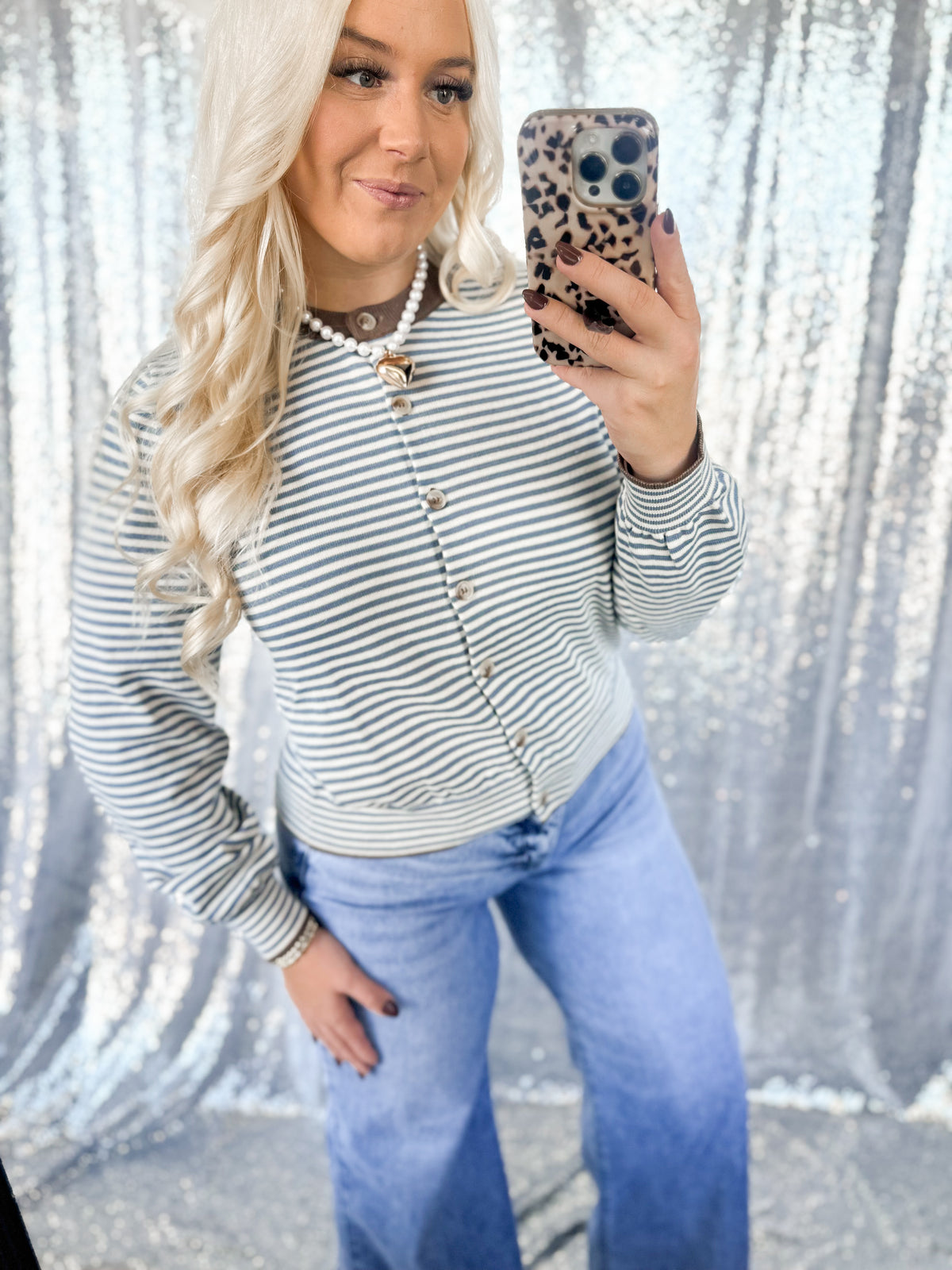 Blue & Brown Striped Button Cardigan