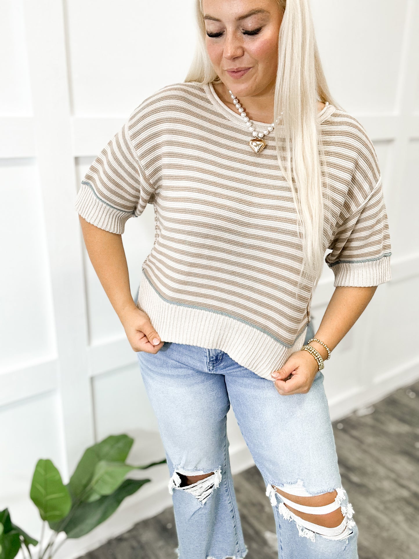 Taupe & Baby Blue Knit Striped Top