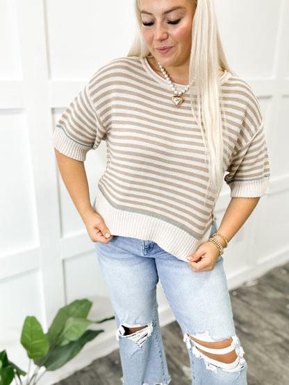 Taupe & Baby Blue Knit Striped Top