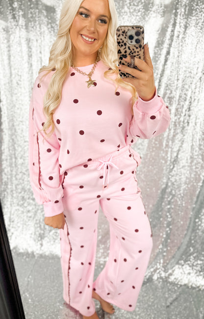 Pink & Brown Lace Polka Dot Sweatpant Set