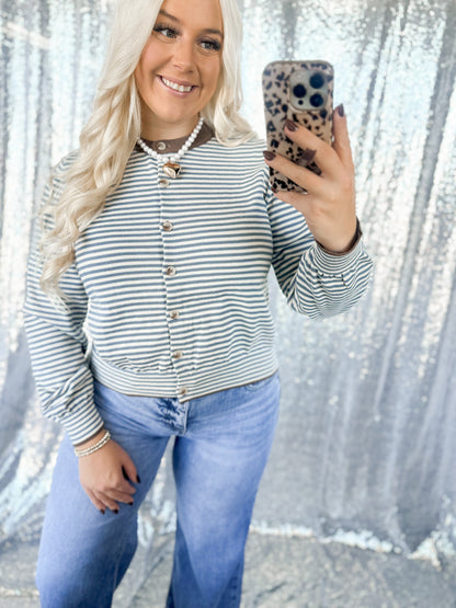 Blue & Brown Striped Button Cardigan