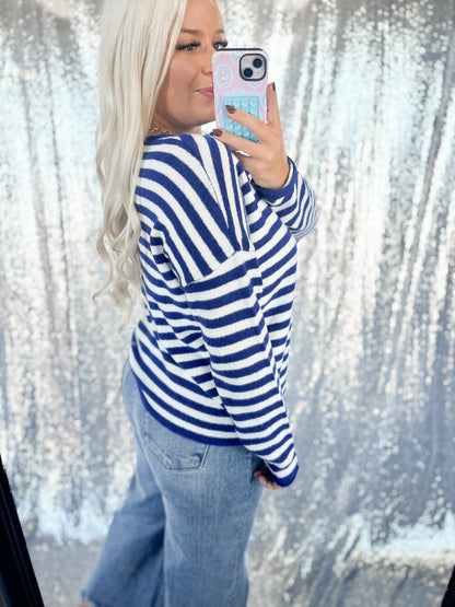 Royal Blue Striped Knit Cardigan