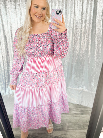 Floral Pin Striped Maxi Dress