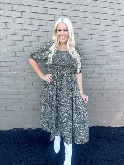 Olive Bloom Ditzy Floral Smocked Maxi