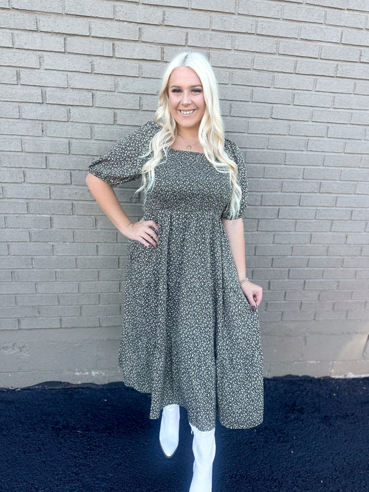 Olive Bloom Ditzy Floral Smocked Maxi