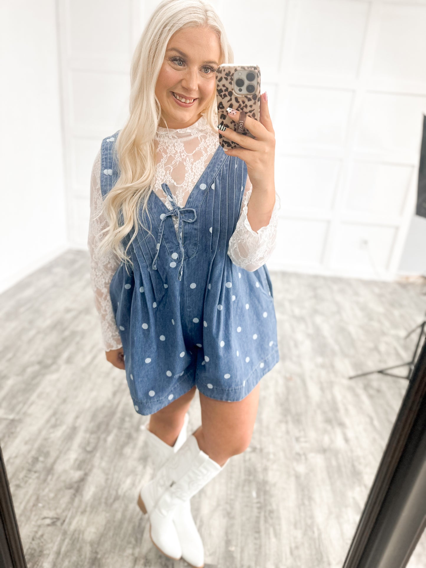 American Honey Denim Polka Dot Romper