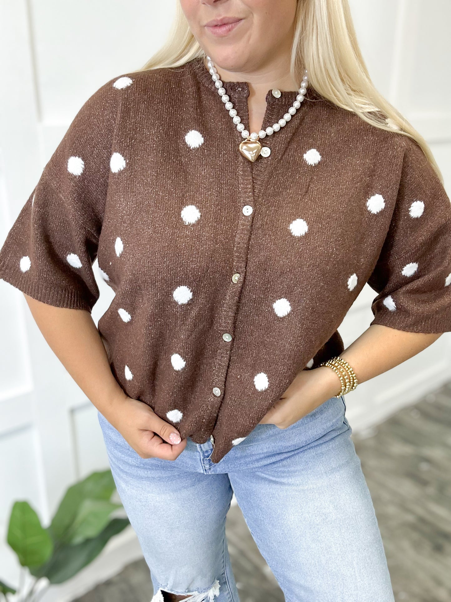 Mocha Polka Dot Knit Button Top