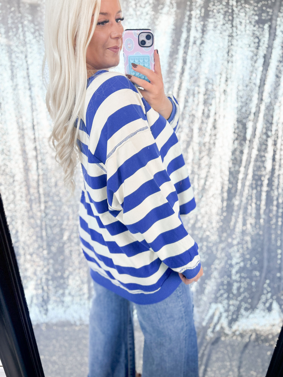 Blue Chunky Striped Oversized Crewneck