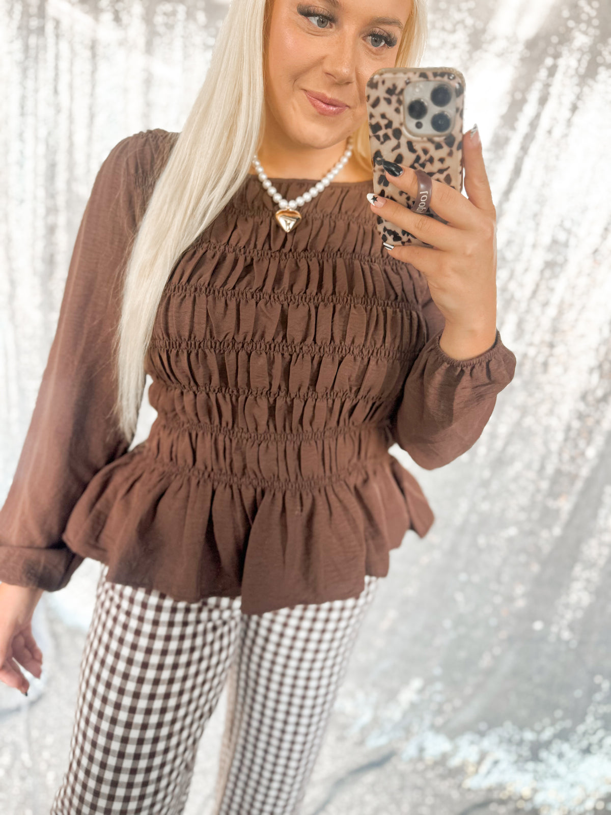 Brown Ruched Babydoll Top