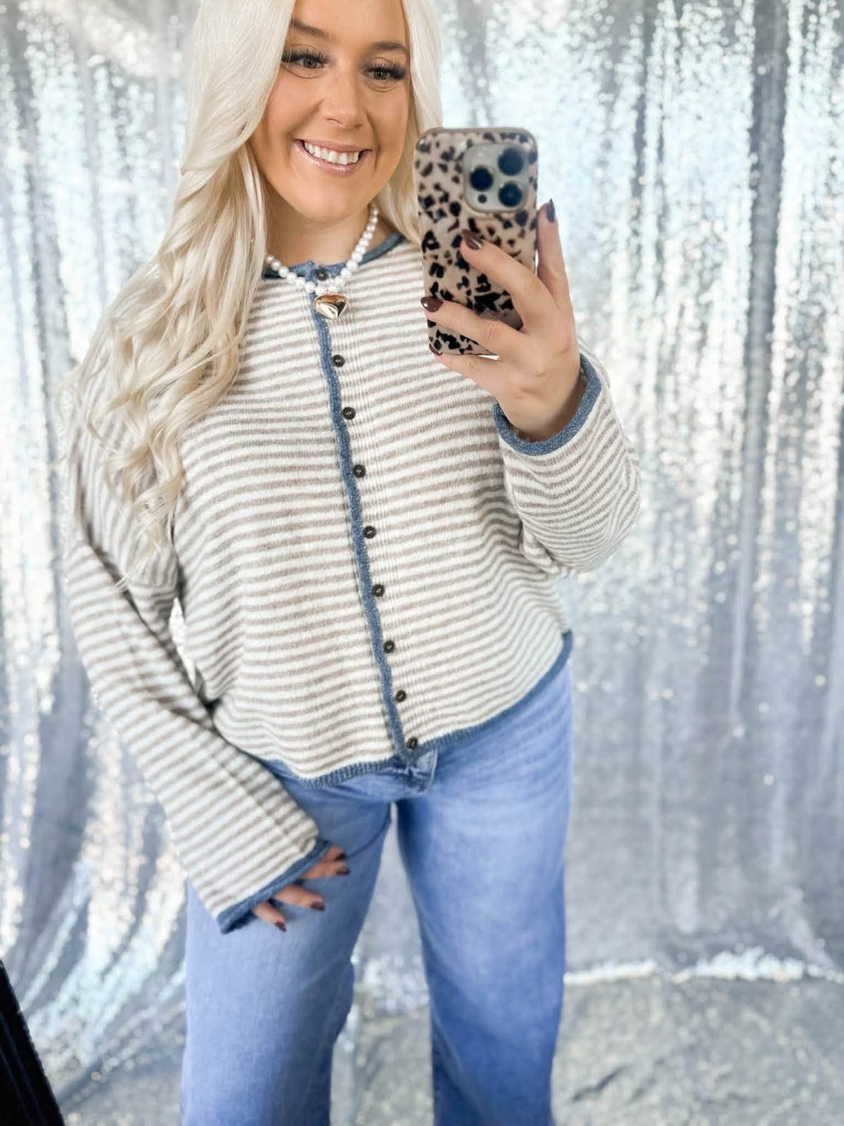 Taupe & Navy Raw Hem Button Knit Cardigan