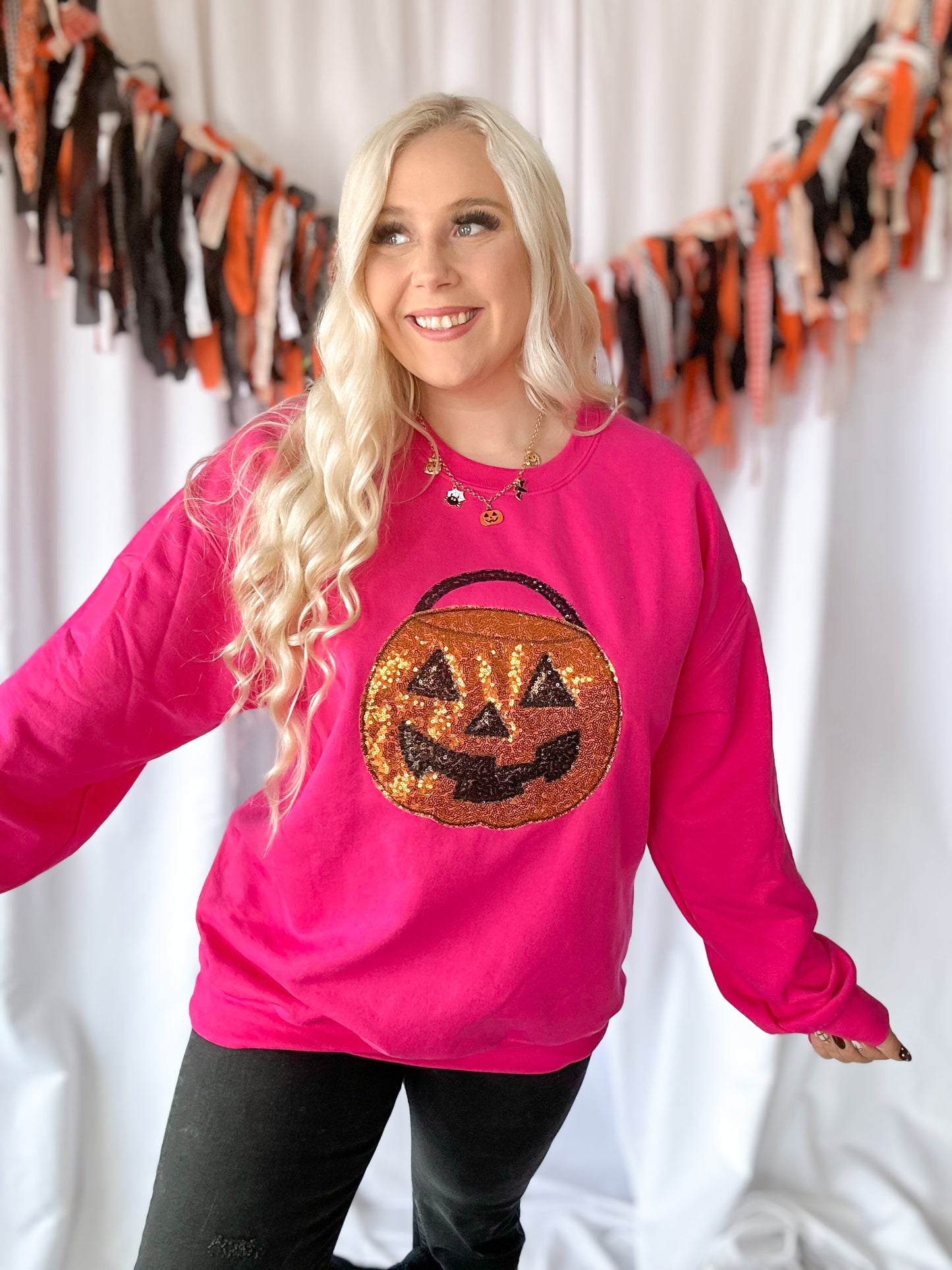 Pink Jack-O-Lantern Embroidered Crewneck
