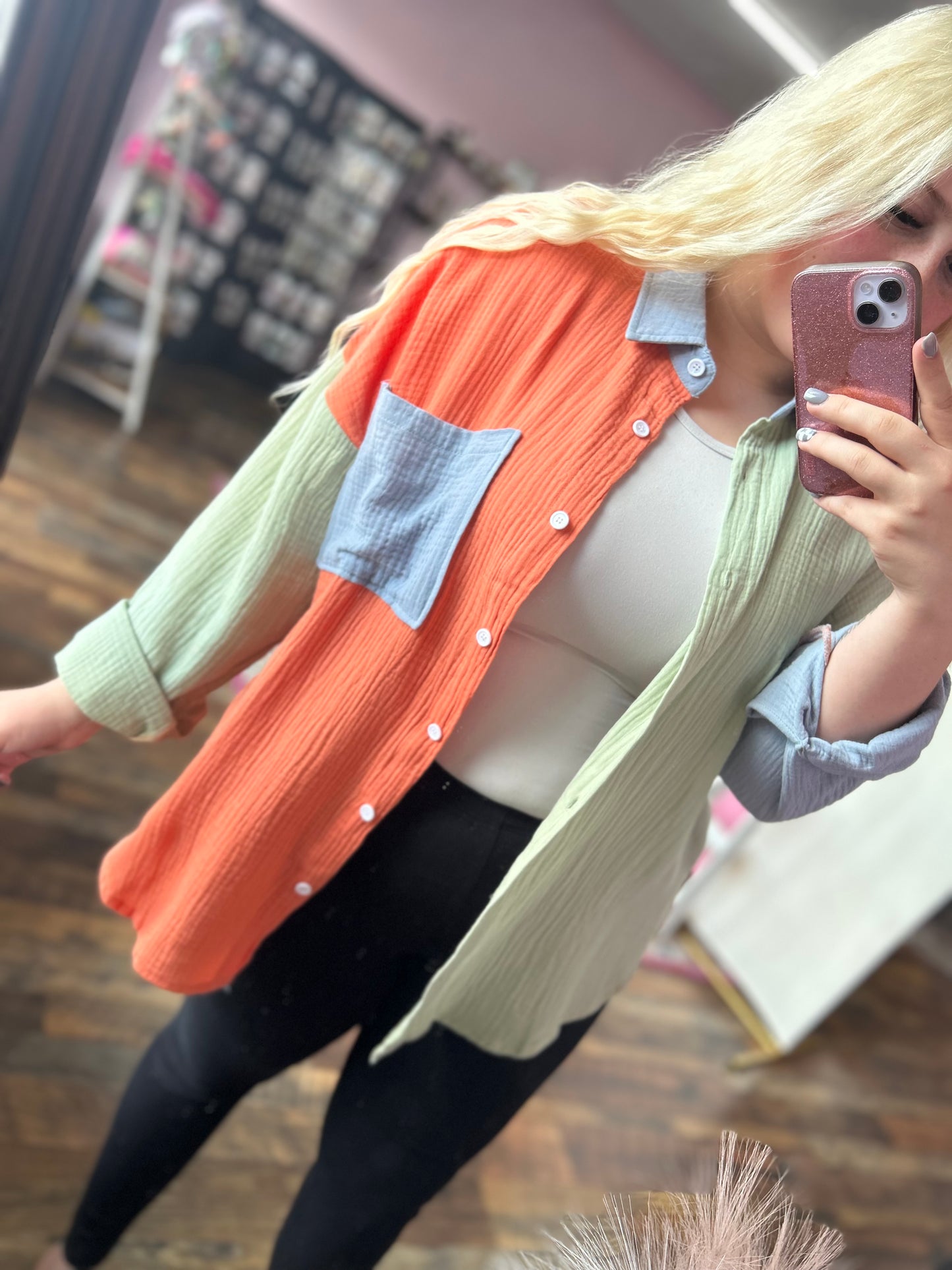 Charlie Colorblock Button Top