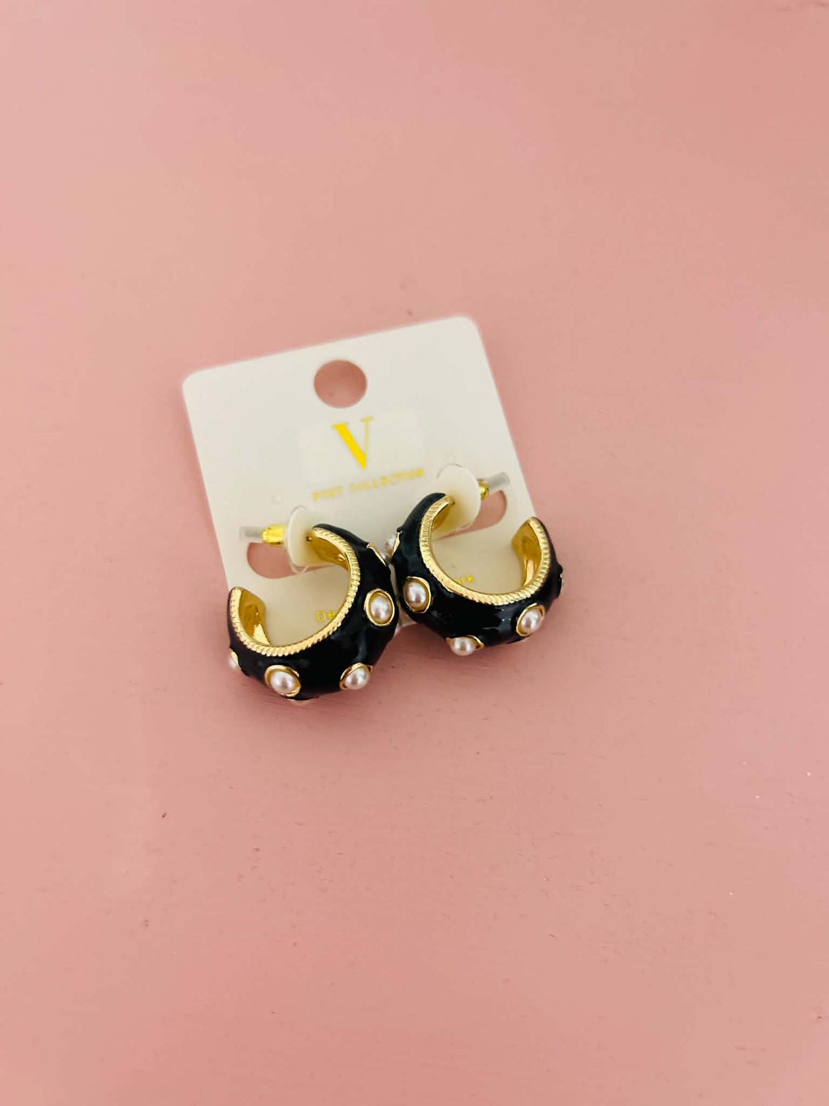 Chunky Black & Pearl Hoop Earrings