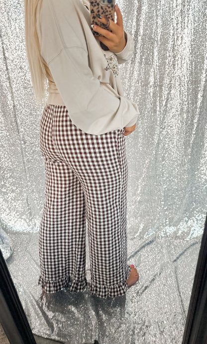 Brown Gingham Lace Ruffle Pants