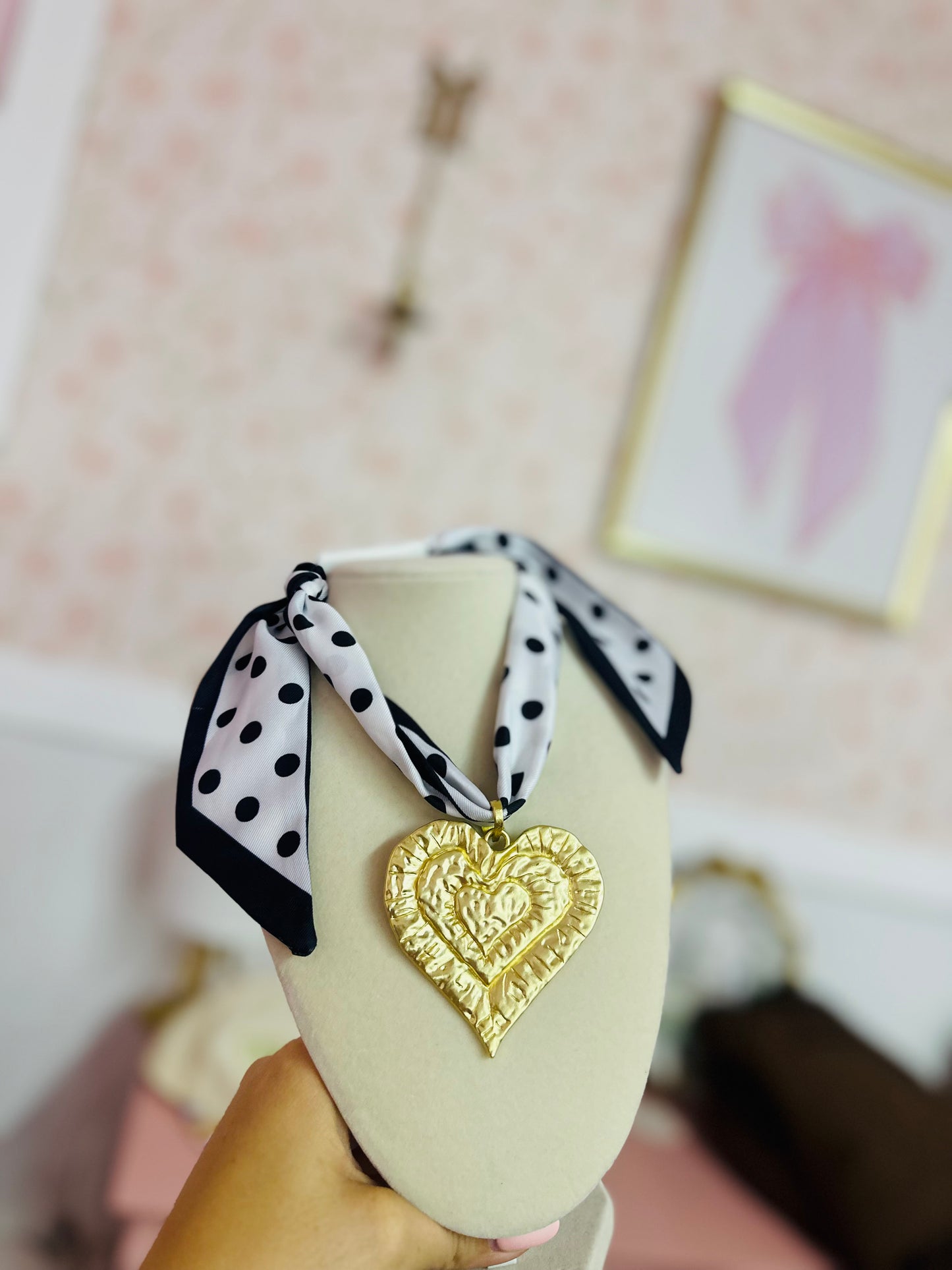 Polka Dot Gold Heart Scarf Necklace