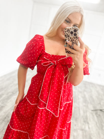 Red, White, & Darling Polka Dot Maxi Dress