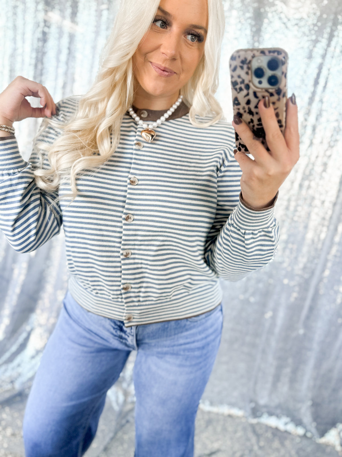 Blue & Brown Striped Button Cardigan