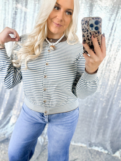 Blue & Brown Striped Button Cardigan