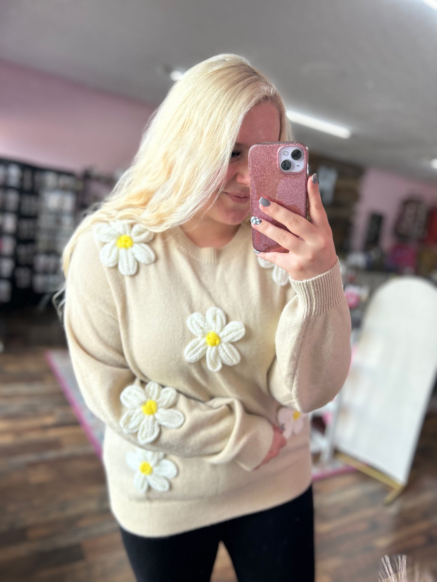 Oatmeal Crochet Floral Sweater