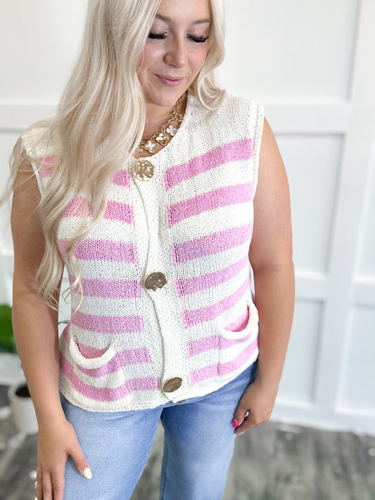 Pink Striped Knit Button Tank