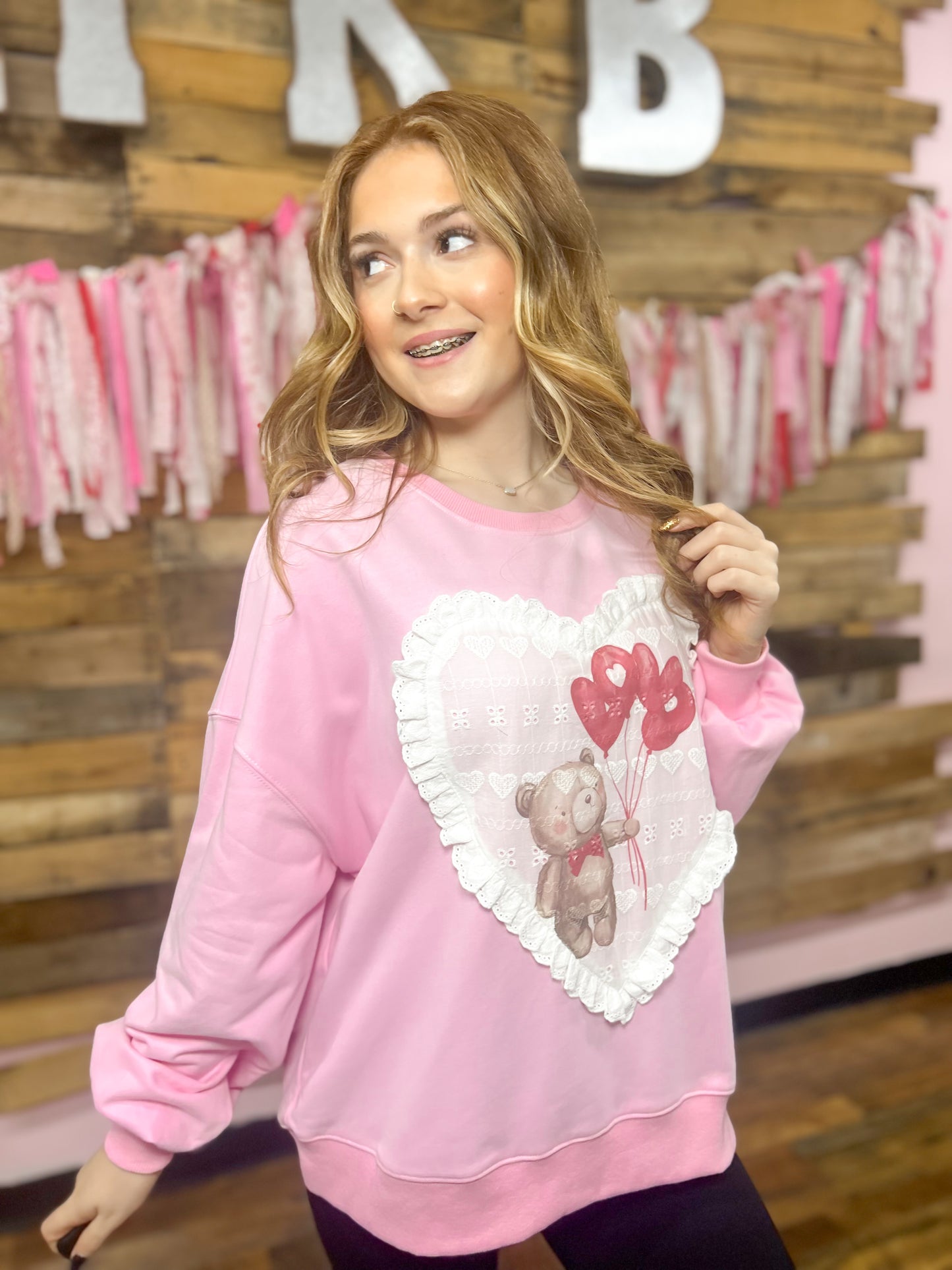 Sweetheart Teddy Lace Appliqué Crewneck